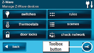 2GIG GO Control screen with toolbox button